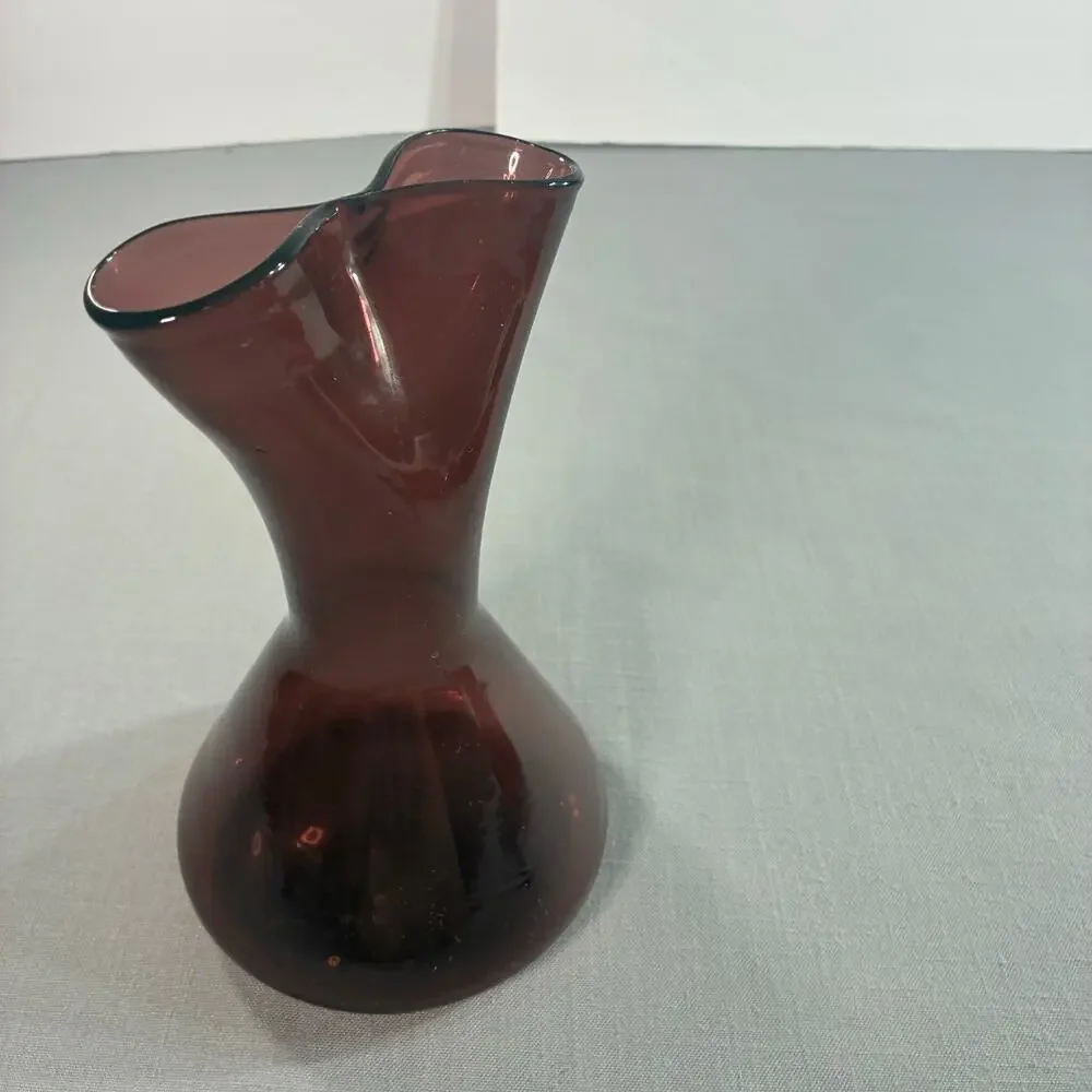 Vintage Amethyst Purple Art Glass Vase Hand Blown Folded Ruffle Rim 8 Inch Decor